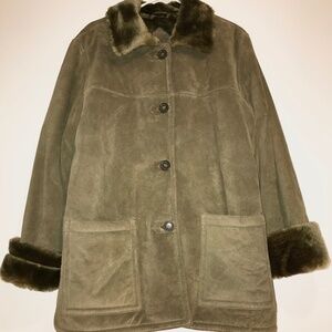 VTG Y2K Desert Well Green Suede Leather Coat Faux Fur Trim NWOT Large Penny Lane